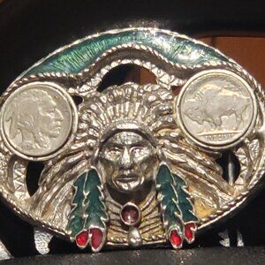 Native American Chief Buffalo Nickel Belt Buckle - Vintage
